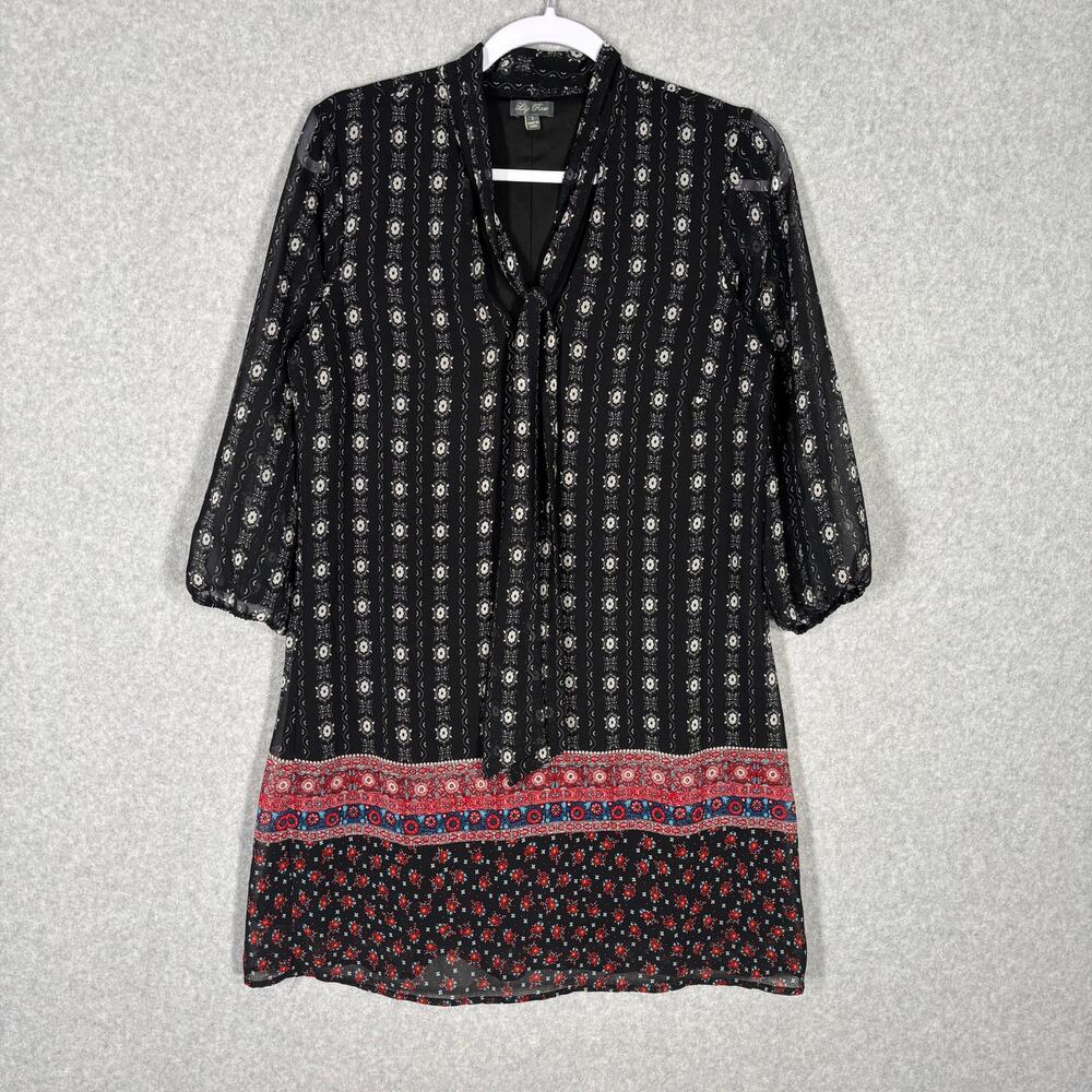 Lily Rose Dress Small Black Floral Mini Flowy Tie Neck Boho Peasant Southwestern